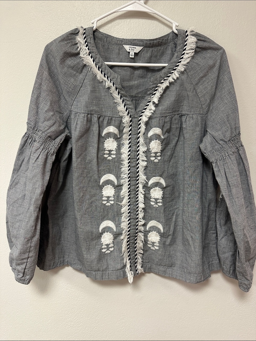 crown & ivy navy and white Embroidered Boho Peasant Blouse